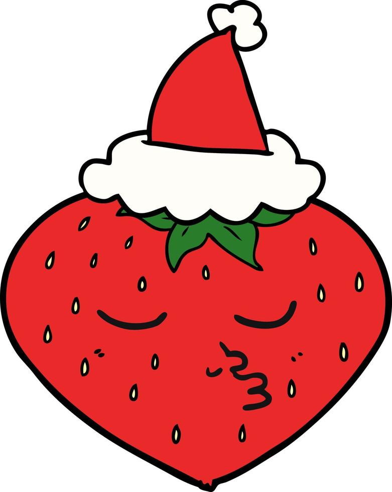 line drawing of a strawberry wearing santa hat vector