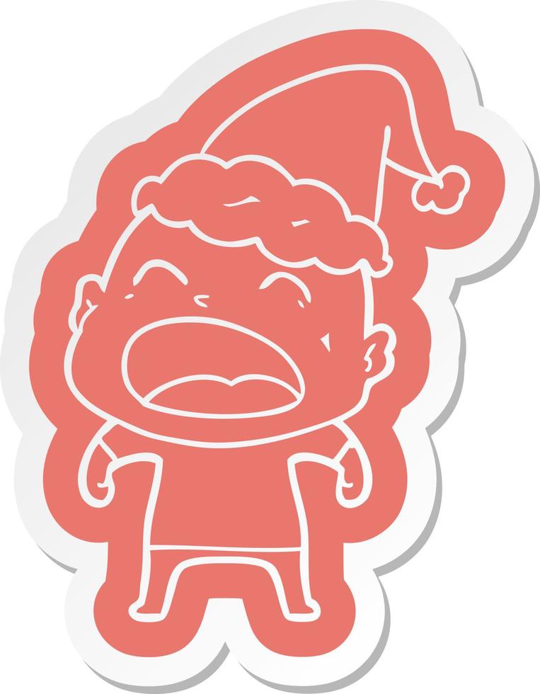 cartoon  sticker of a shouting bald man wearing santa hat vector