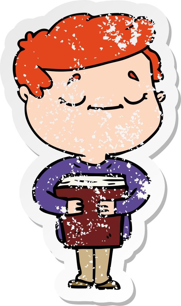 distressed sticker of a cartoon peaceful man carrying book vector