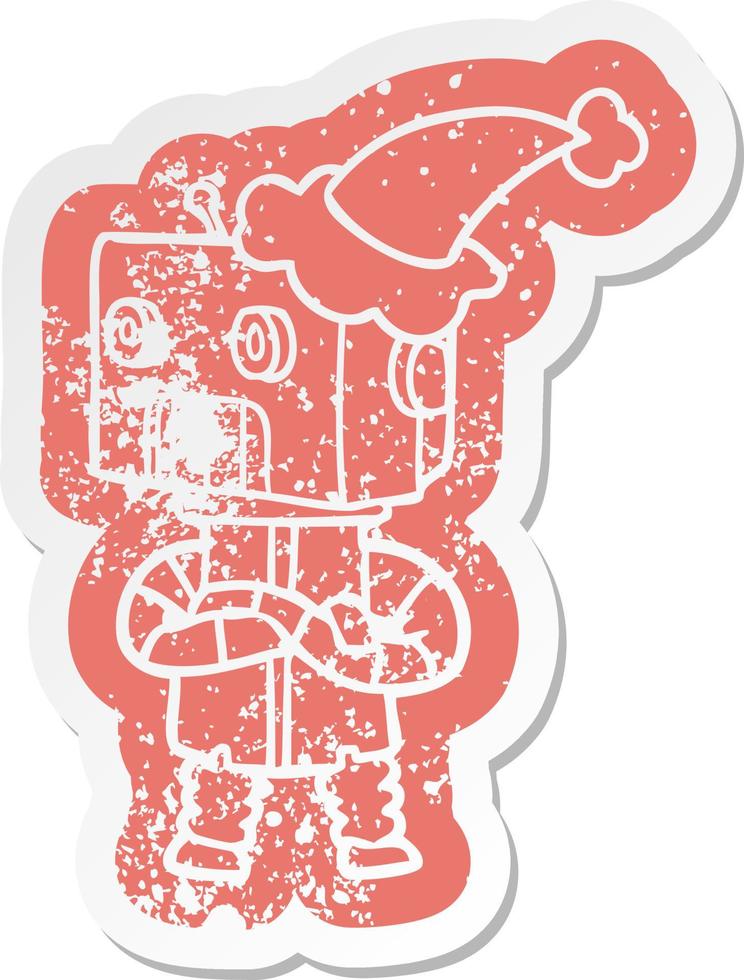 cartoon distressed sticker of a robot wearing santa hat vector