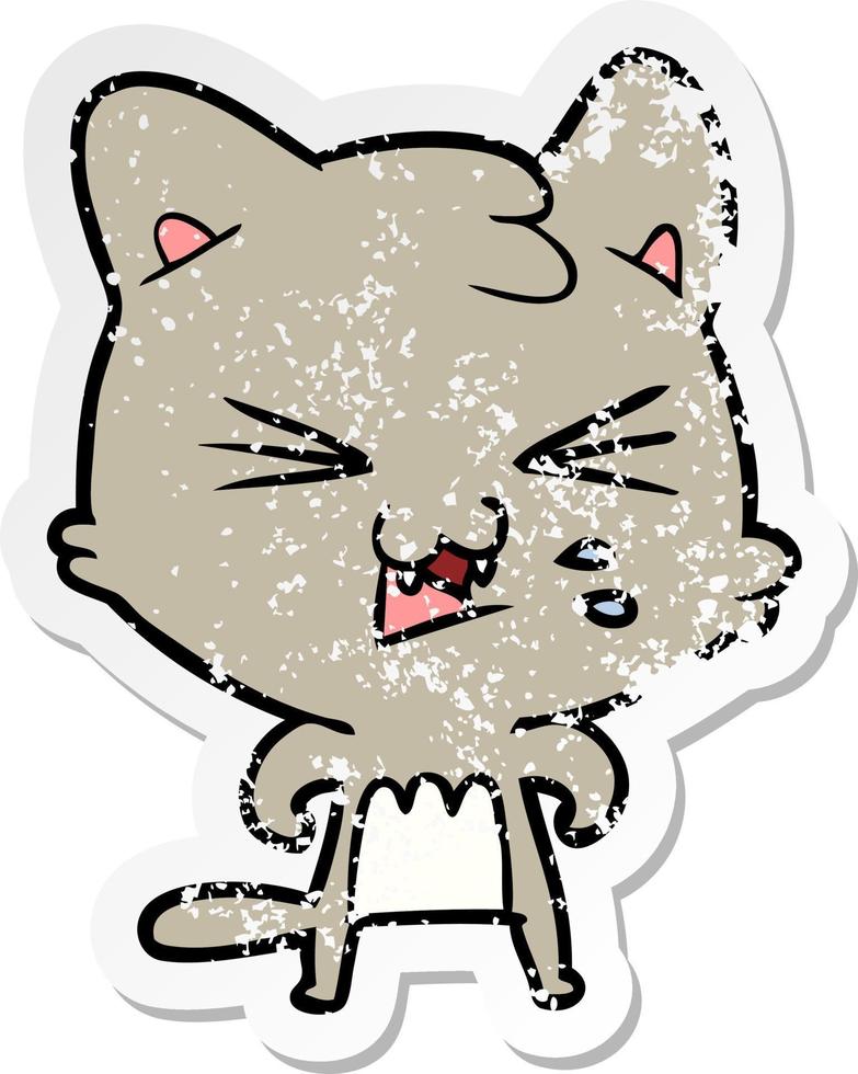 distressed sticker of a cartoon hissing cat vector