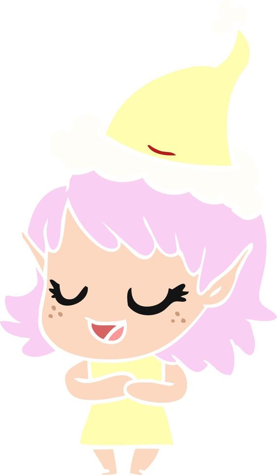 ilustración de color plano feliz de una niña elfa con sombrero de santa vector