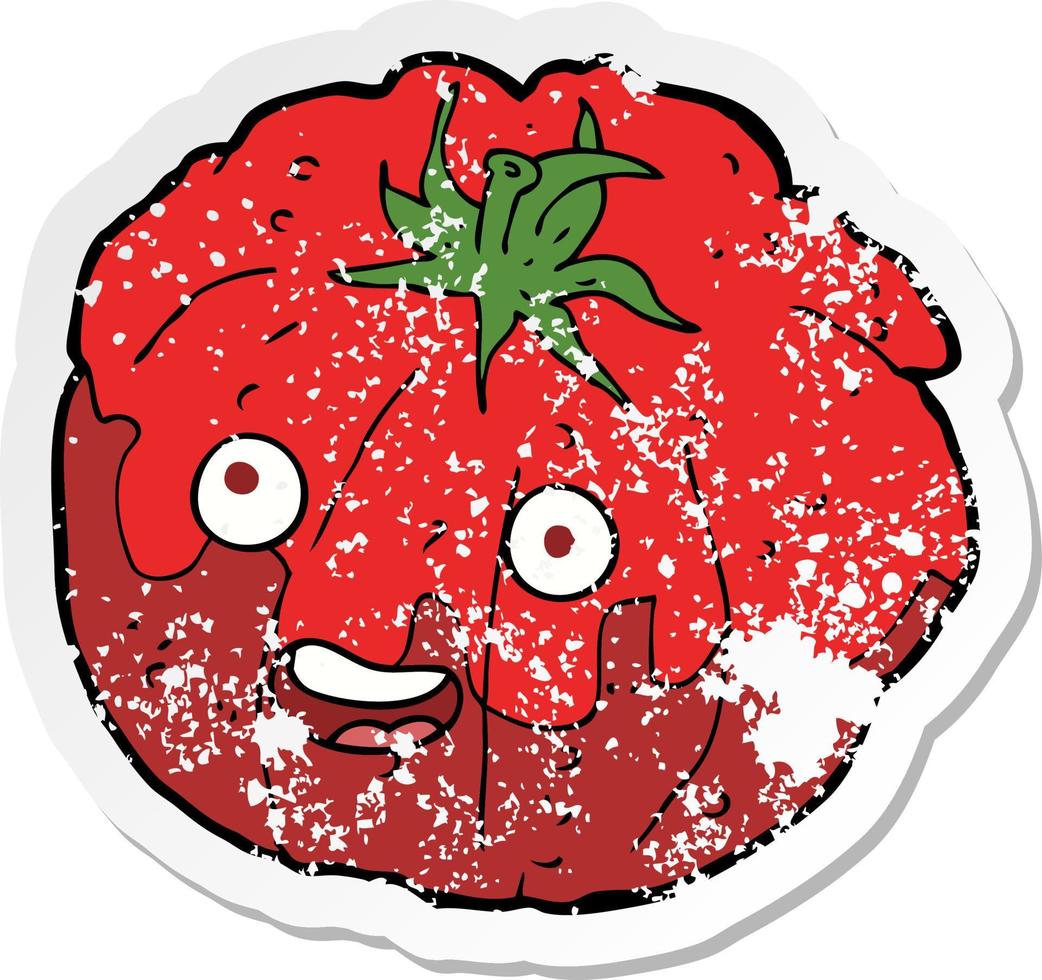 retro distressed sticker of a cartoon happy tomato vector