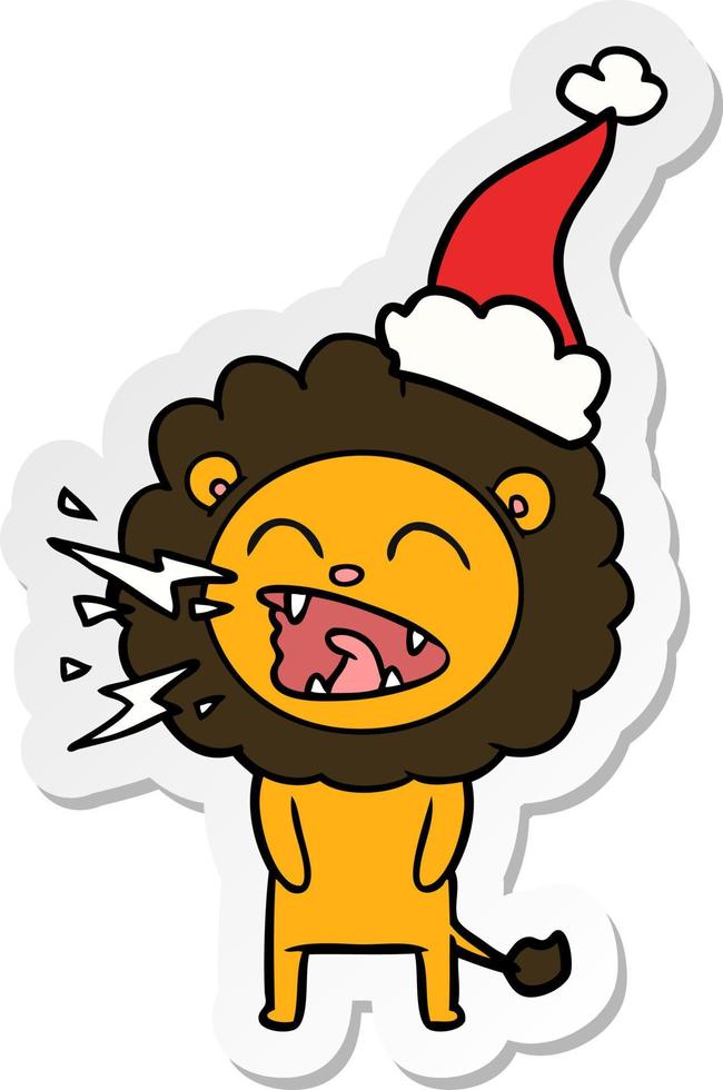 sticker cartoon of a roaring lion wearing santa hat vector