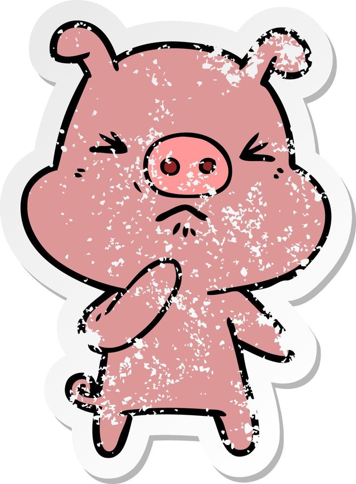 distressed sticker of a cartoon angry pig vector