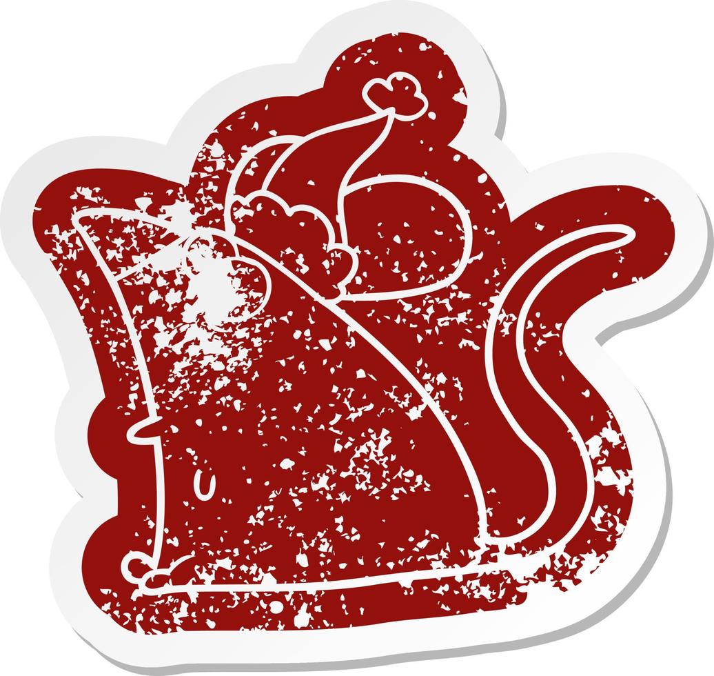 cartoon distressed sticker of a frightened mouse wearing santa hat vector