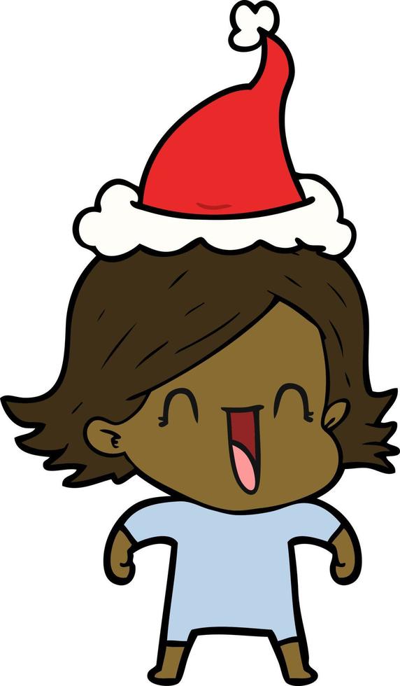 line drawing of a happy woman wearing santa hat vector