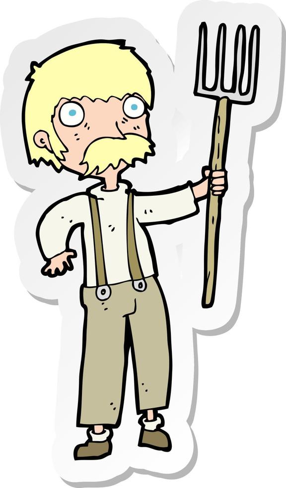 sticker of a cartoon farmer with pitchfork vector