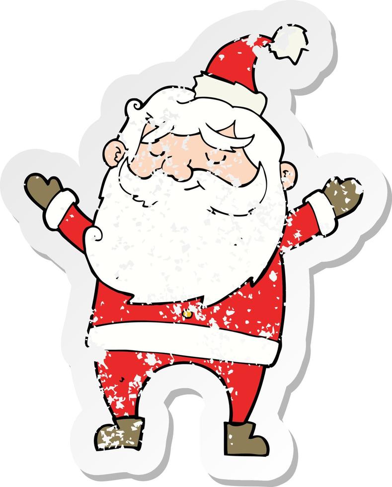 retro distressed sticker of a cartoon happy santa claus vector