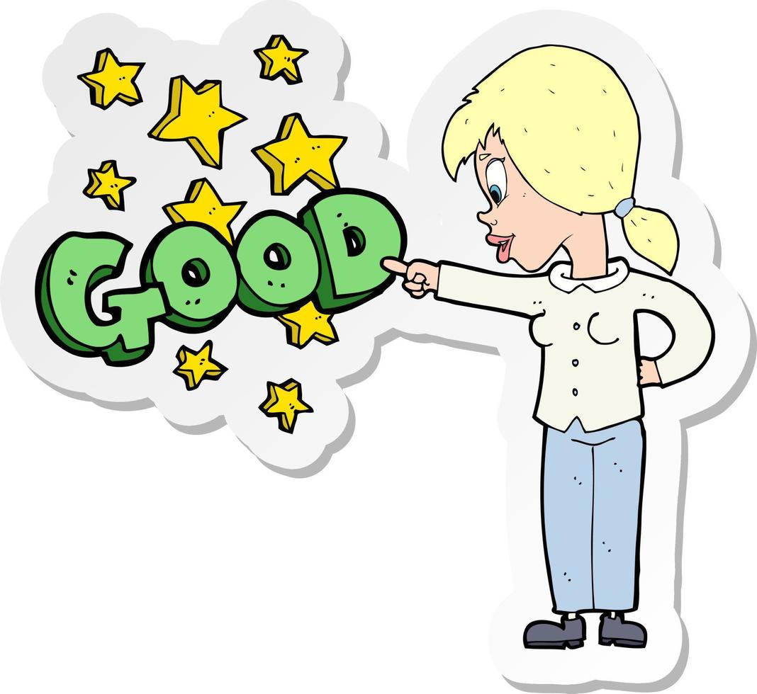 sticker of a cartoon woman pointing out the good vector