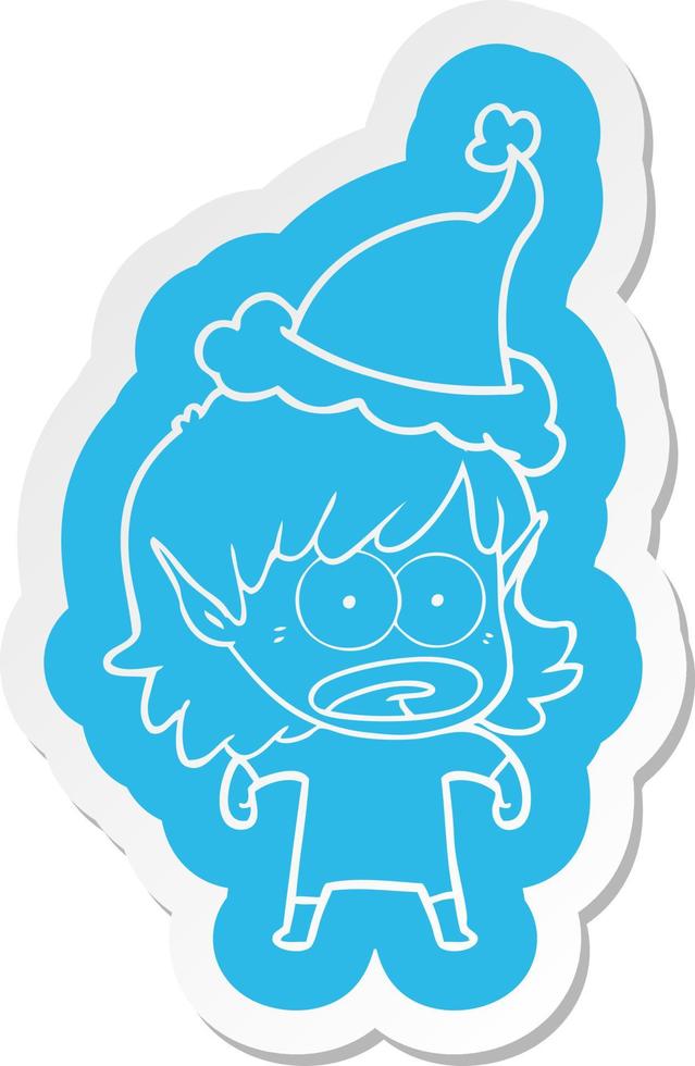 cartoon  sticker of a shocked elf girl wearing santa hat vector