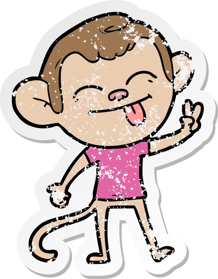 distressed sticker of a funny cartoon monkey making peace sign vector