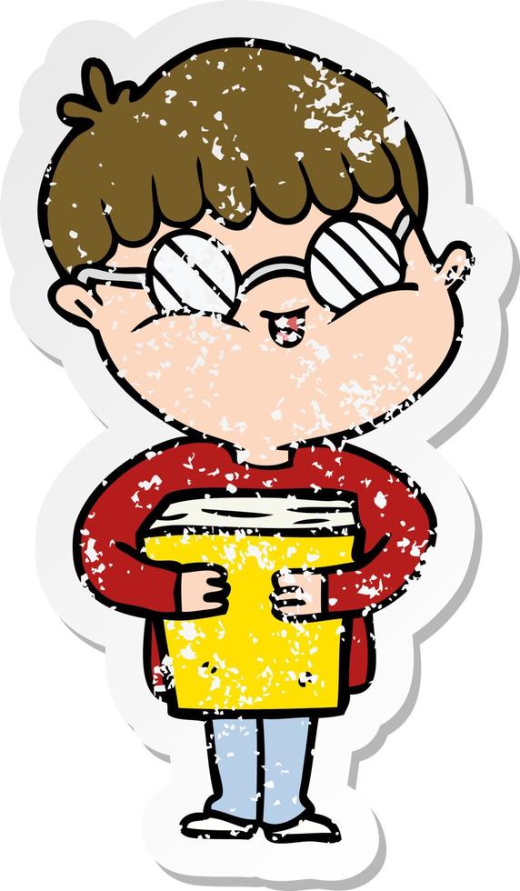 distressed sticker of a cartoon boy wearing spectacles carrying book vector