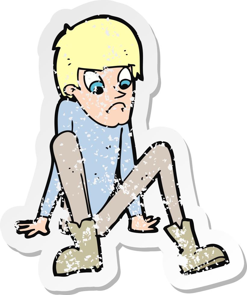 retro distressed sticker of a cartoon boy sitting on floor vector