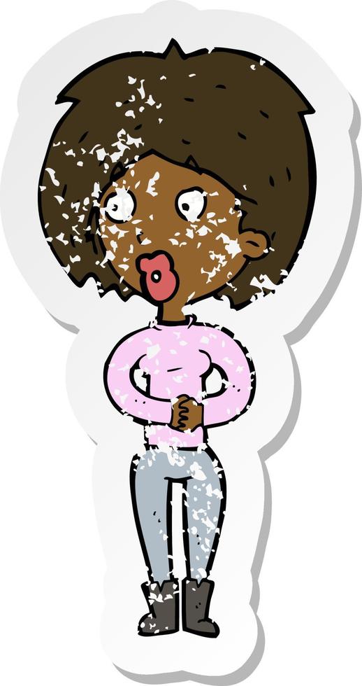 retro distressed sticker of a cartoon surprised woman vector