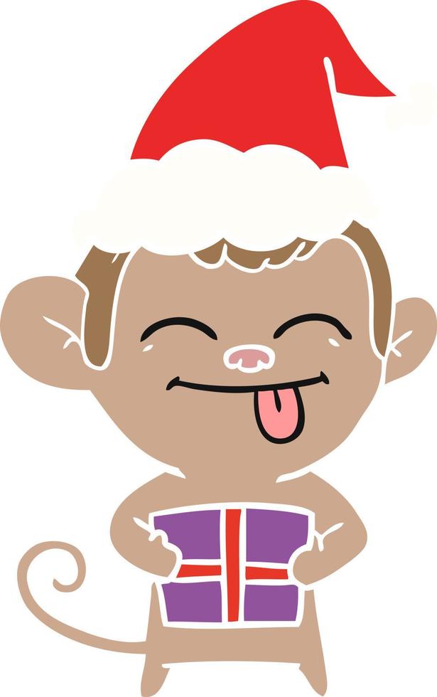 divertida ilustración a color plano de un mono con regalo de navidad con gorro de Papá Noel vector