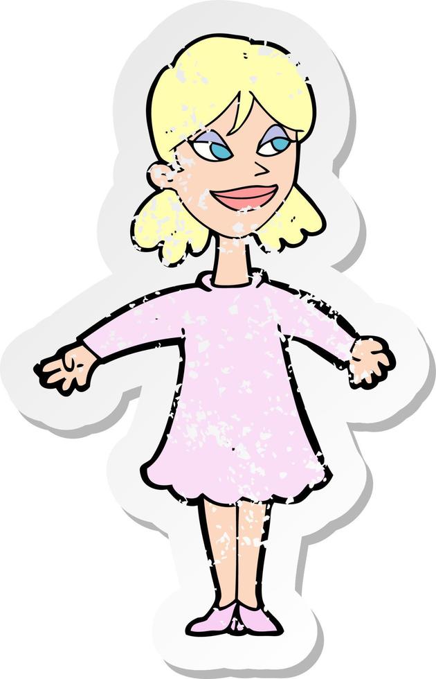 retro distressed sticker of a cartoon woman with open arms vector