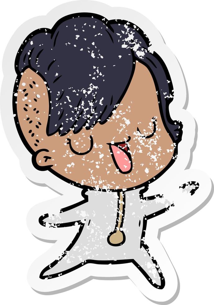 distressed sticker of a cute cartoon girl with hipster haircut vector