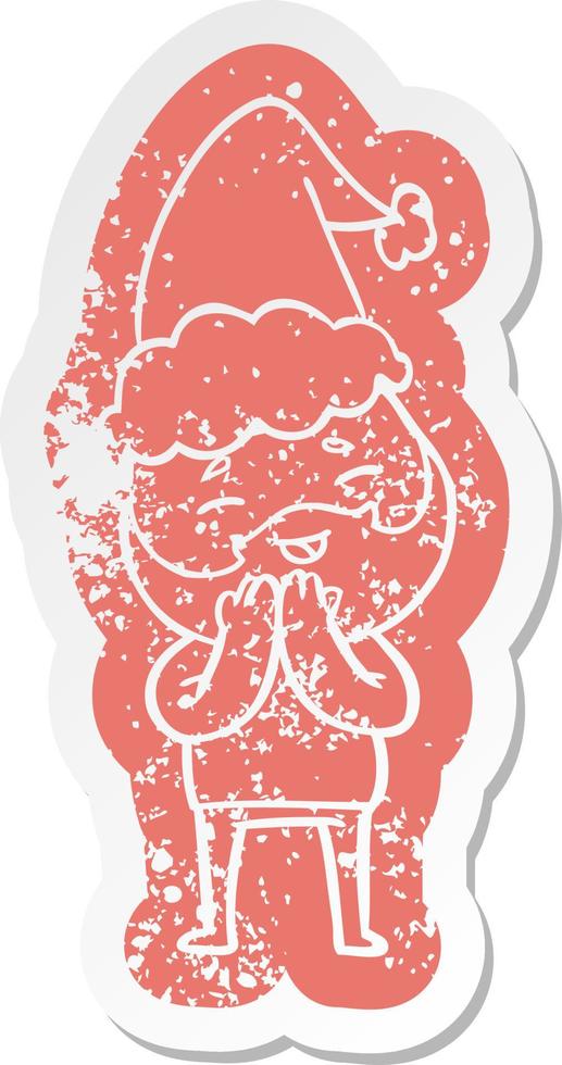 cartoon distressed sticker of a happy bearded man wearing santa hat vector