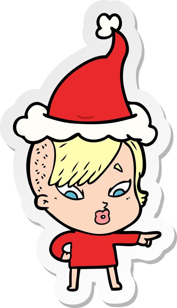 sticker cartoon of a surprised girl pointing wearing santa hat vector