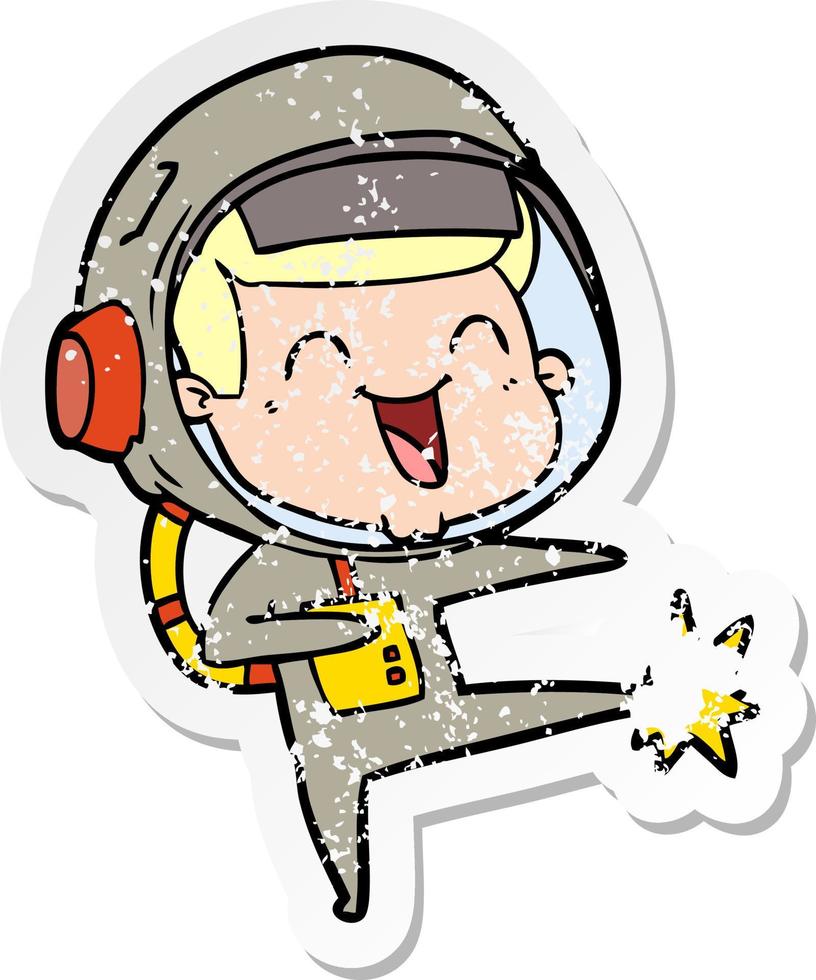 distressed sticker of a happy cartoon astronaut vector