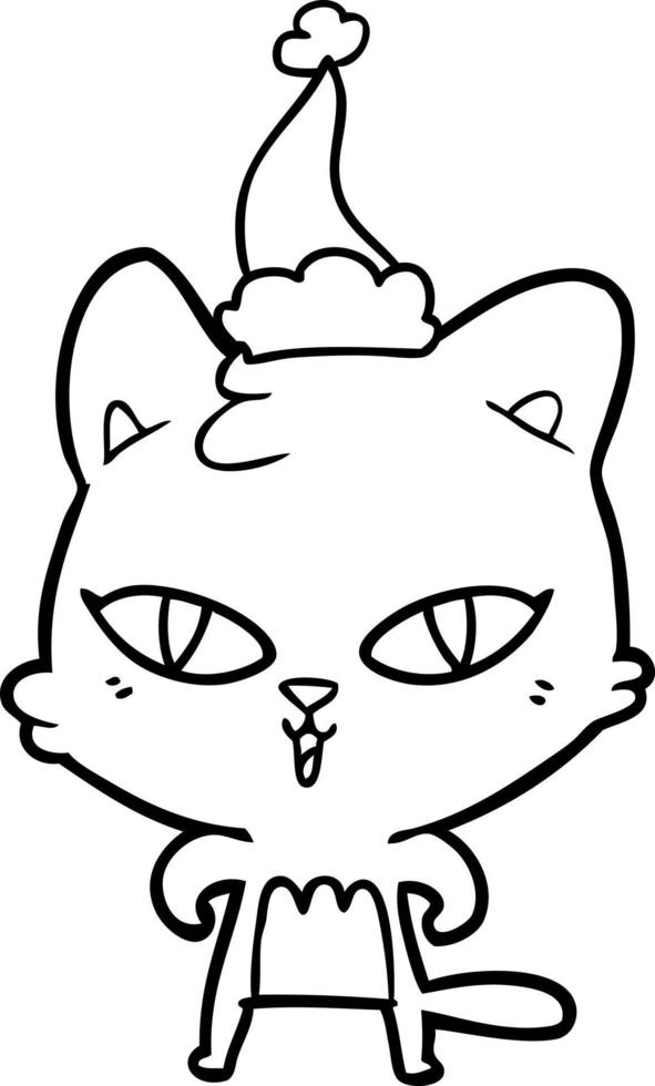 line drawing of a cat wearing santa hat vector