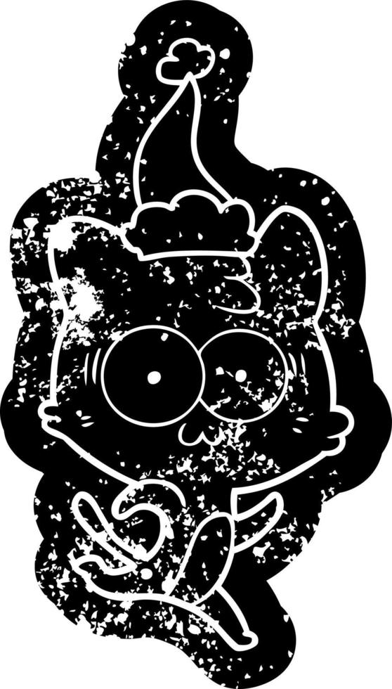 cartoon distressed icon of a surprised cat running wearing santa hat vector