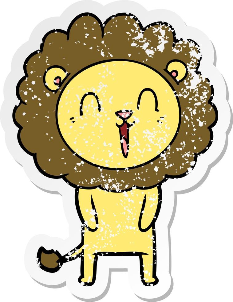 distressed sticker of a laughing lion cartoon vector