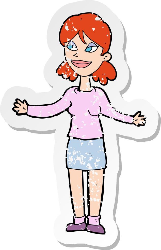 retro distressed sticker of a cartoon happy woman shruggin shoulders vector