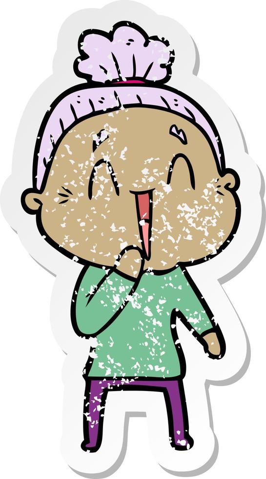 distressed sticker of a cartoon happy old lady vector