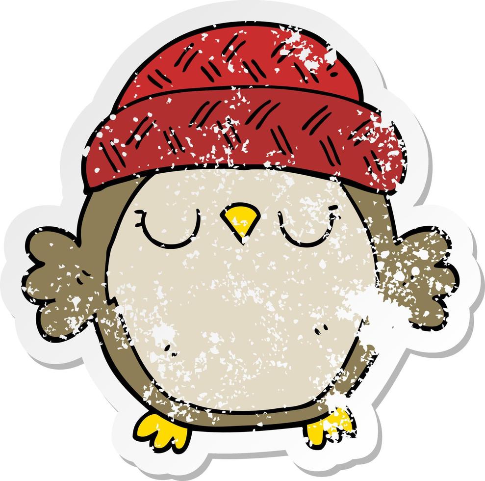 distressed sticker of a cute cartoon owl in hat vector