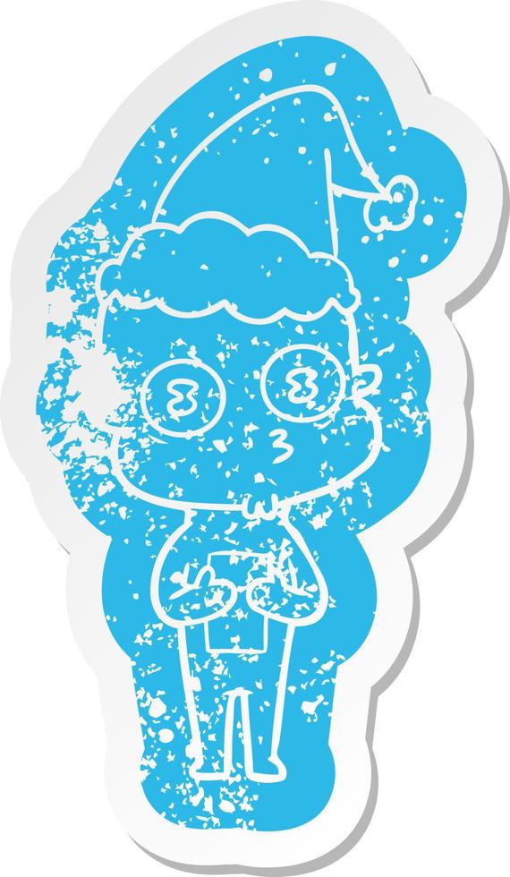 cartoon distressed sticker of a weird bald spaceman wearing santa hat vector