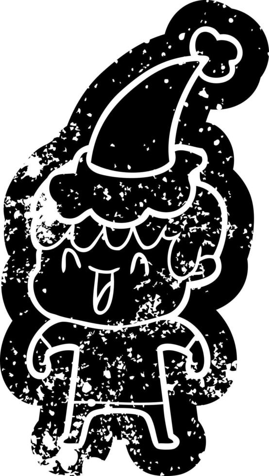 cartoon distressed icon of a laughing boy wearing santa hat vector