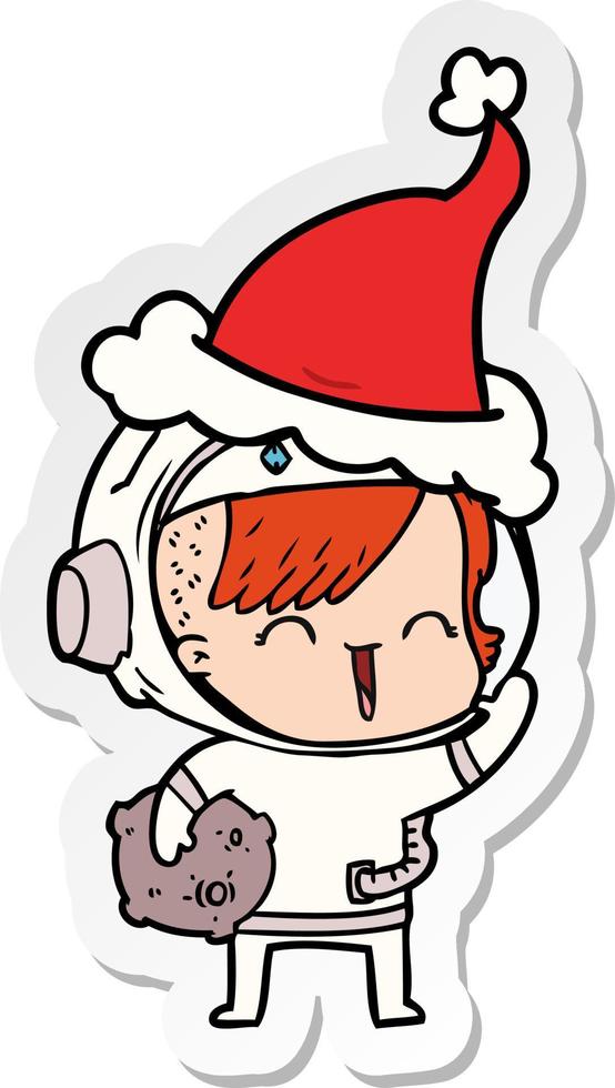 sticker cartoon of a happy spacegirl holding moon rock wearing santa hat vector