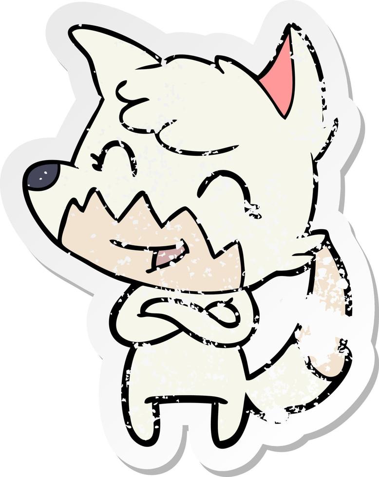 distressed sticker of a happy cartoon fox vector