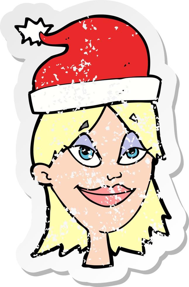 retro distressed sticker of a cartoon woman ready for christmas vector