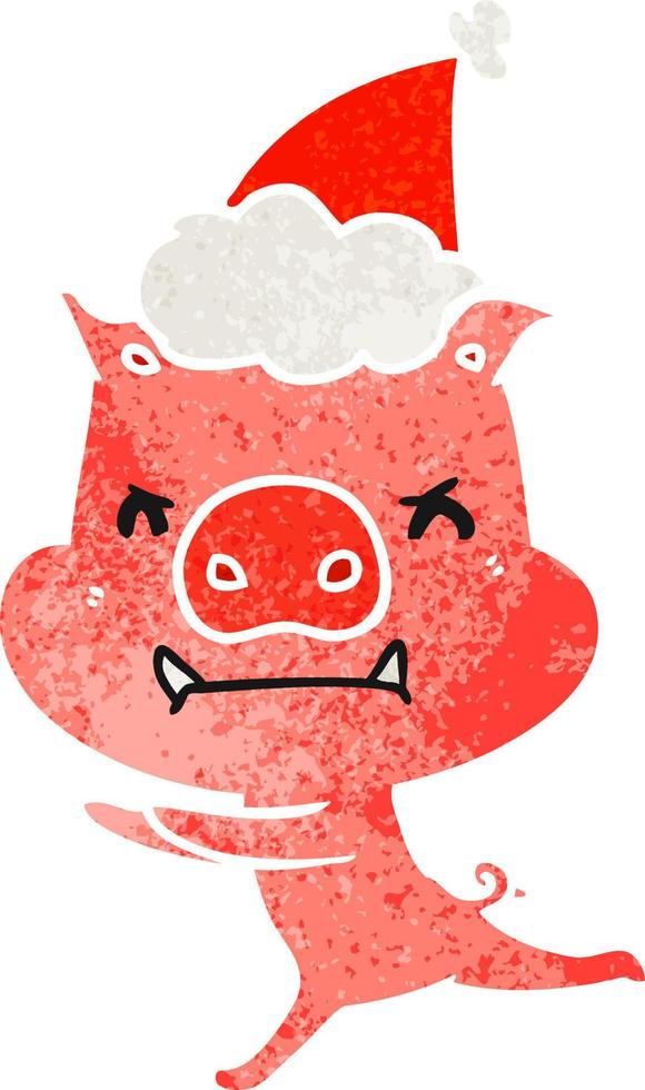 angry retro cartoon of a pig wearing santa hat vector