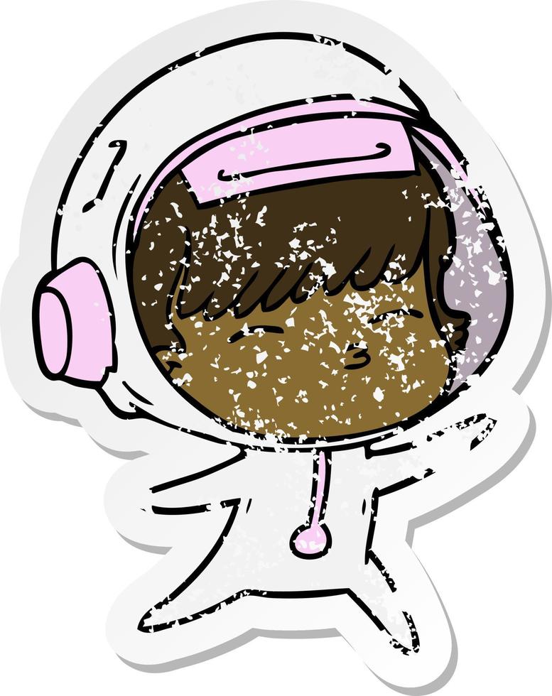 distressed sticker of a cartoon curious astronaut vector