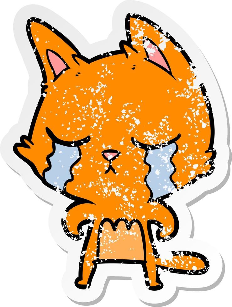 distressed sticker of a crying cartoon cat vector