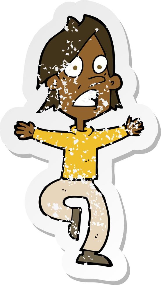 retro distressed sticker of a cartoon panicking man vector