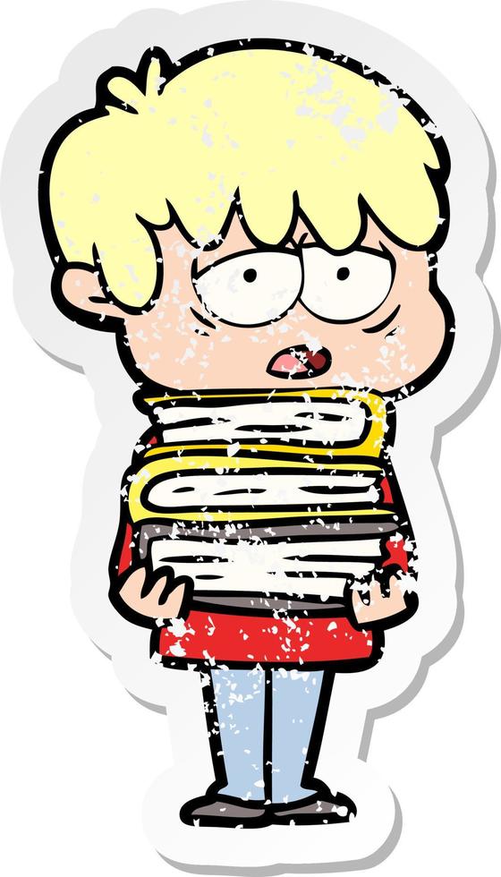 distressed sticker of a cartoon exhausted boy holding book vector