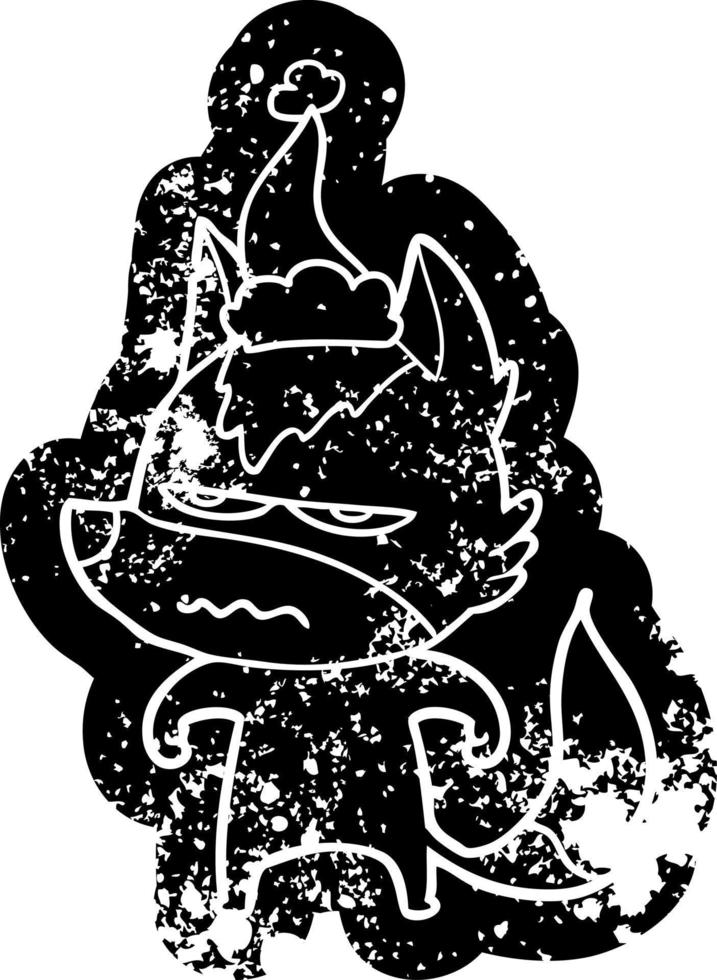 cartoon distressed icon of a annoyed wolf wearing santa hat vector