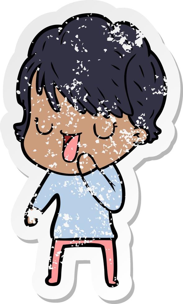 distressed sticker of a cartoon woman talking vector