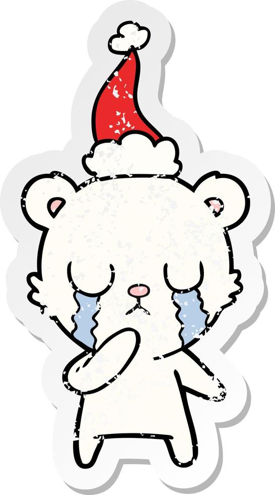 caricatura de pegatina angustiada de oso polar llorando de un sombrero de santa vector