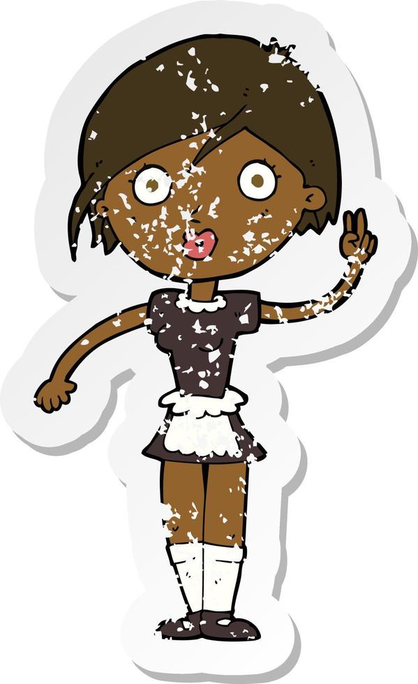 retro distressed sticker of a cartoon waitress making hand gesture vector