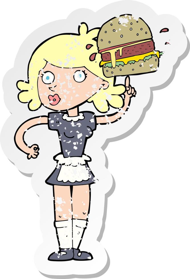 retro distressed sticker of a cartoon waitress with burger vector