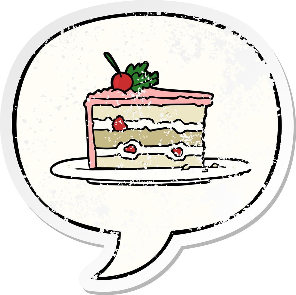 cartoon tasty dessert cake and speech bubble distressed sticker vector