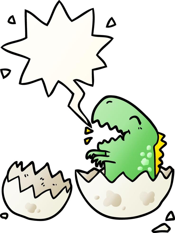 cartoon dinosaur hatching from egg and speech bubble in smooth gradient style vector