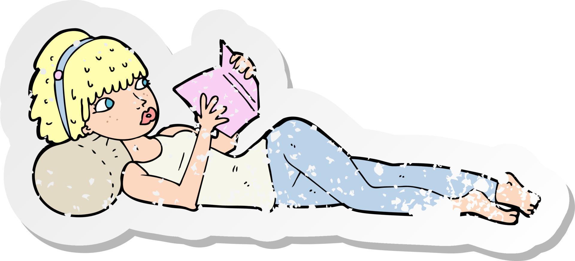 pegatina retro angustiada de una mujer bonita de dibujos animados leyendo un libro vector