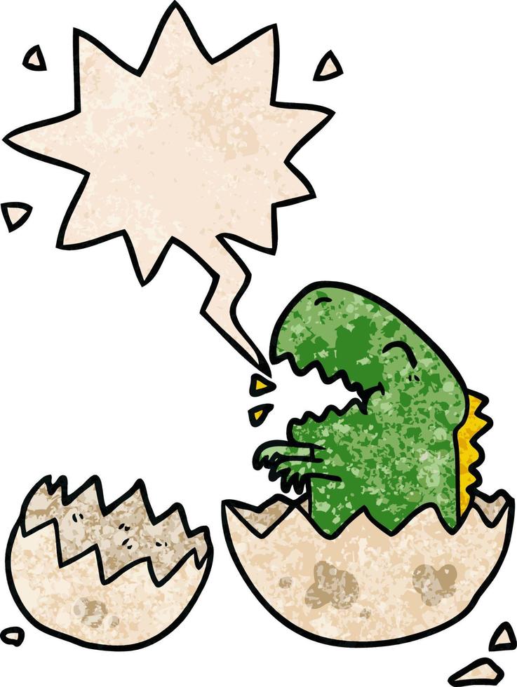 cartoon dinosaur hatching from egg and speech bubble in retro texture style vector